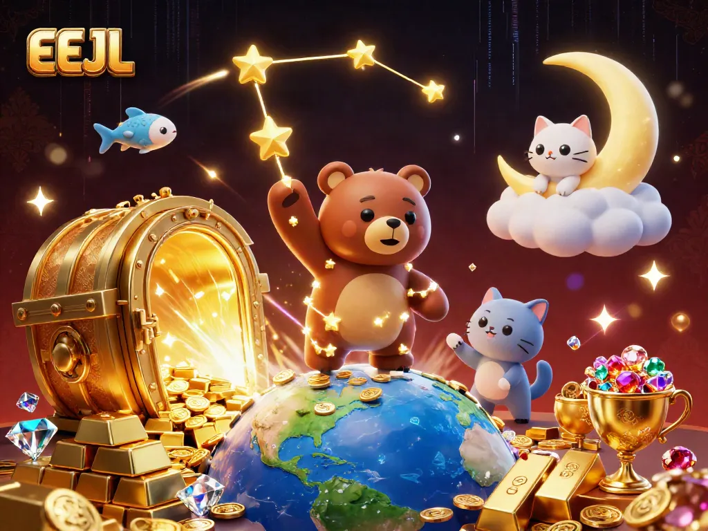 Experience the excitement of EEJL as the constellation bear collects gold coins with vibrant gems around.