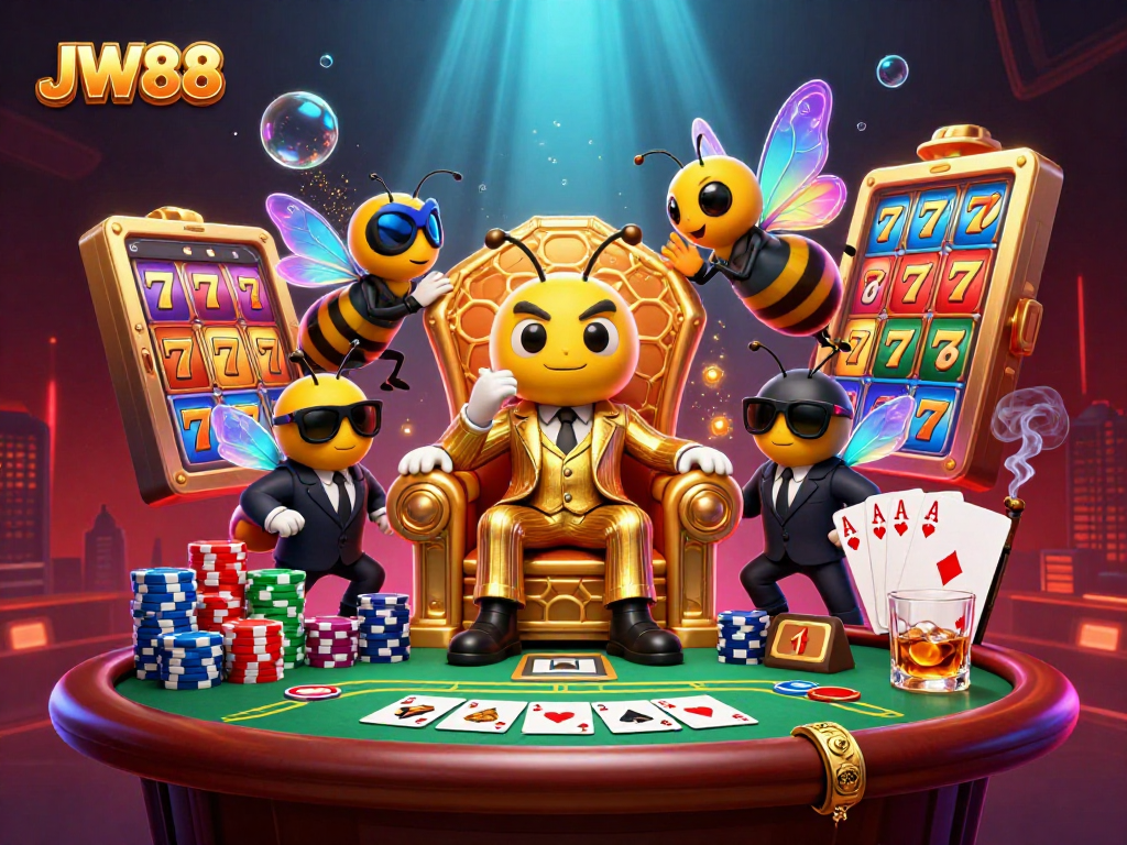 Engage with JW88's vibrant casino scene featuring a bumblebee boss amidst slot reels and poker chips.