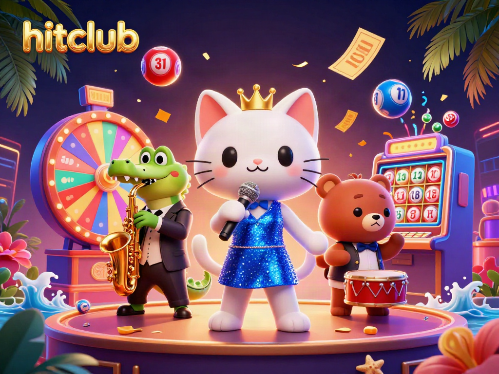 Experience the excitement of hitclub with a vibrant 3D casino illustration featuring lively characters and dynamic game elements.
