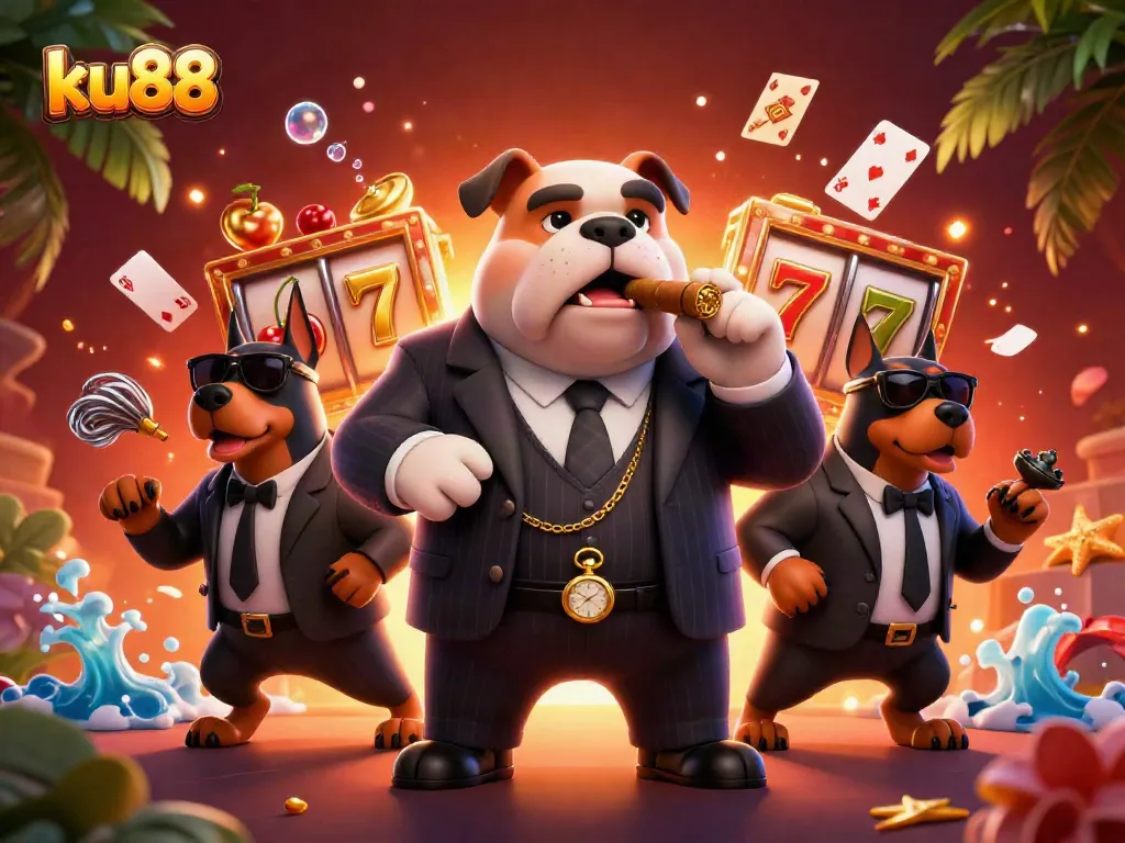 Experience the thrill at ku88 with a mafia-inspired 3D casino illustration featuring significant gaming elements.