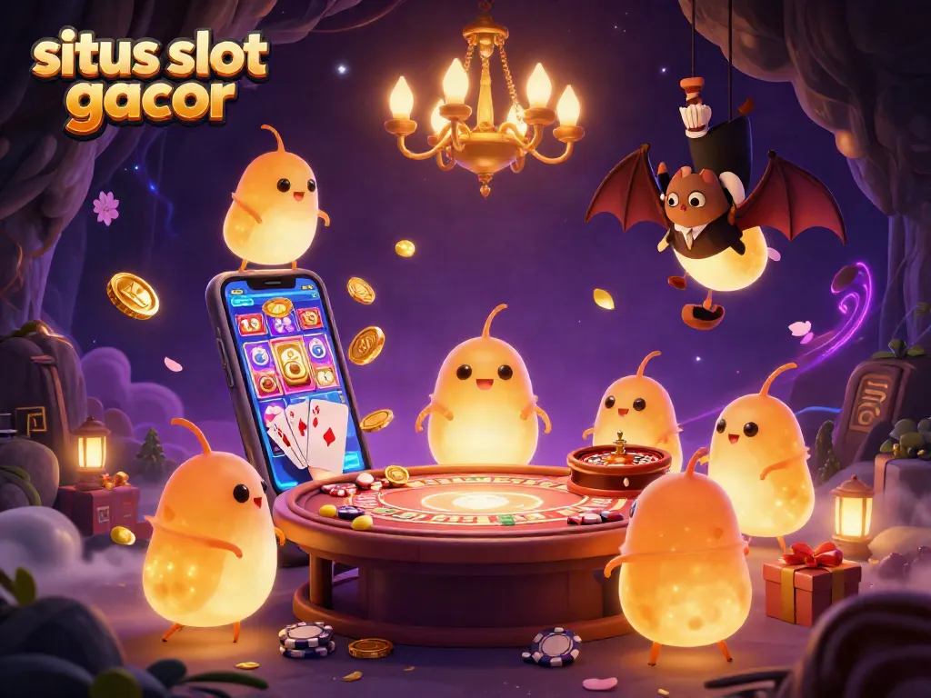Spark excitement at situs slot gacor with vibrant glowworms and animated casino elements in a fun illustration.