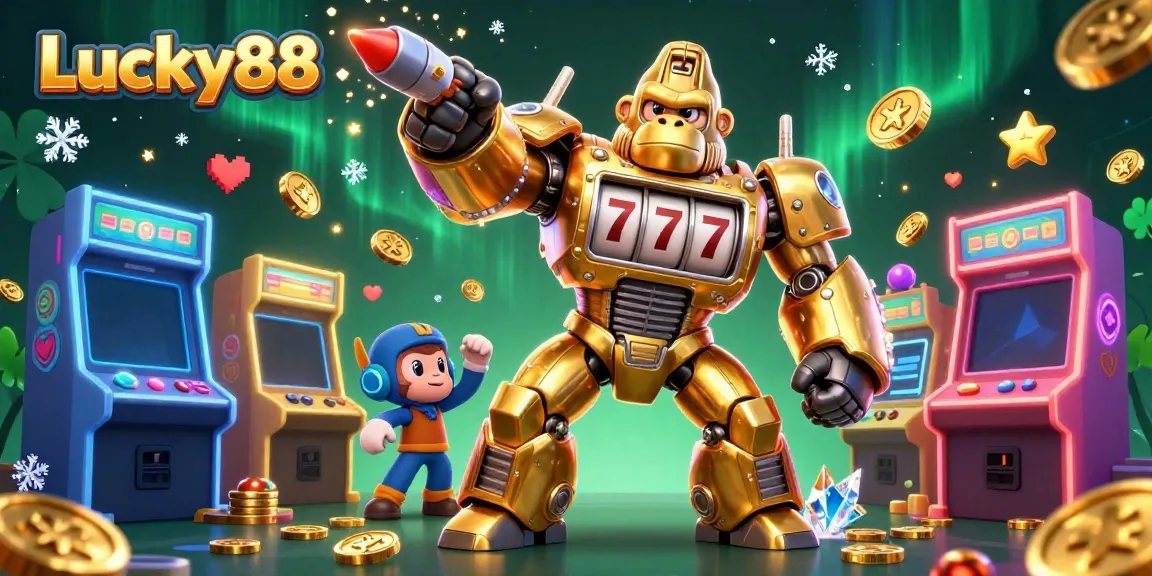 Experience the thrill of Lucky88 with a dynamic casino-themed scene featuring a golden gorilla mech and vibrant arcade elements.