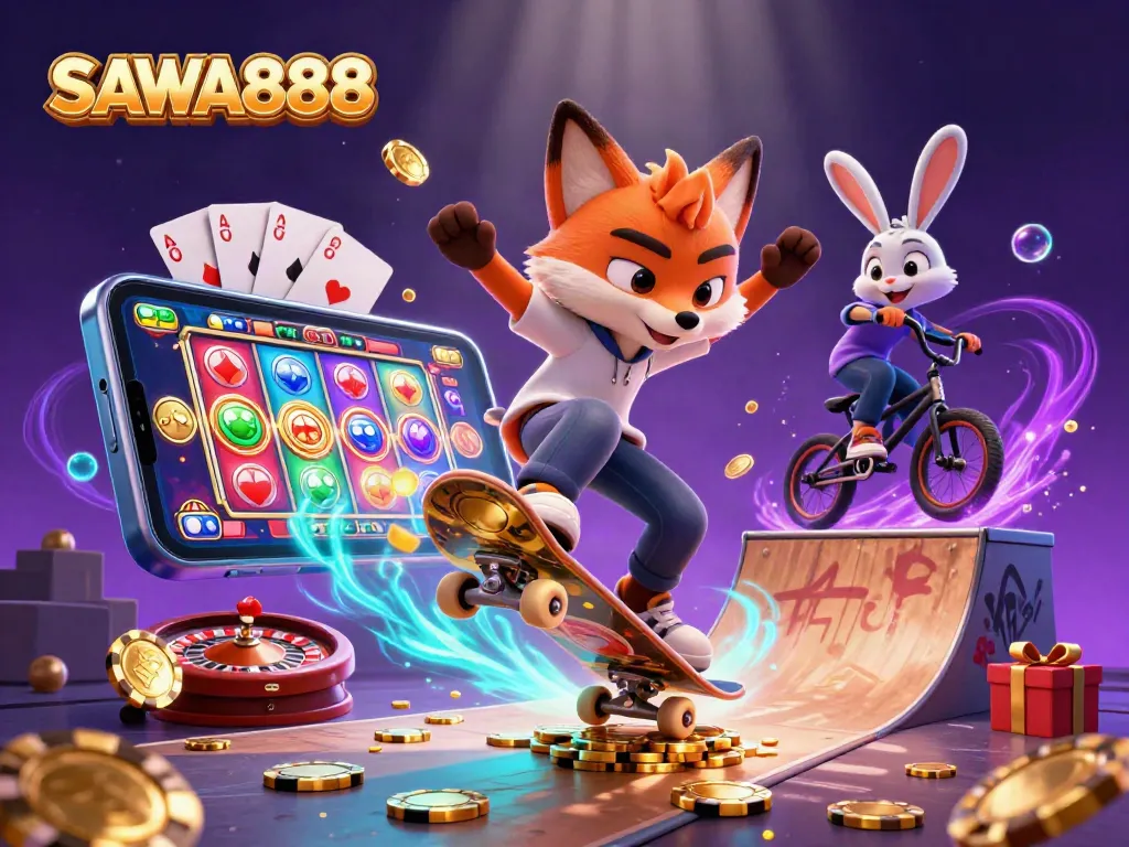 Experience thrilling action with SAWA888 in this vibrant casino-themed illustration.