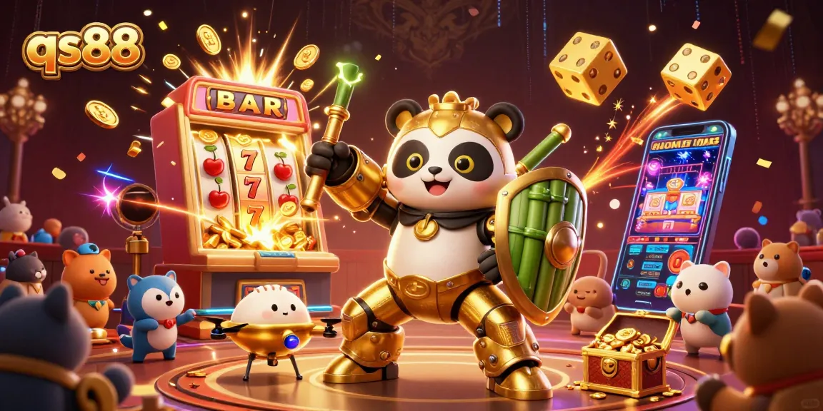 Experience excitement at qs88 casino with a golden mech panda robot in a vibrant, dynamic scene.