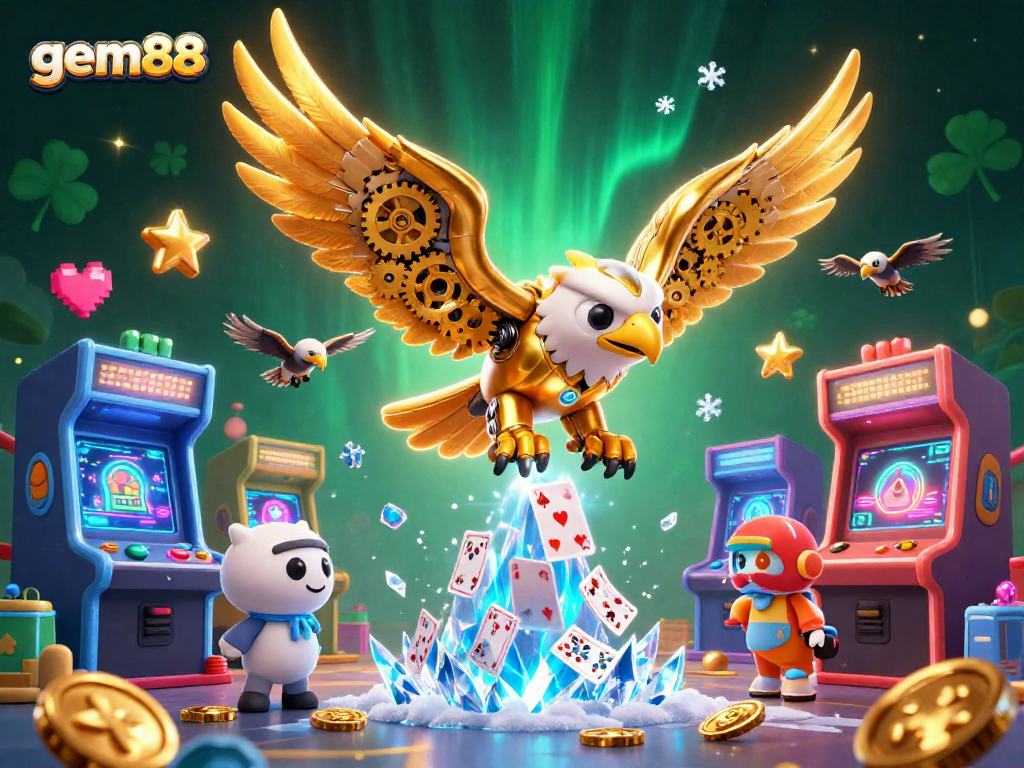 Experience gem88's thrilling gameplay with a dynamic 3D illustration featuring an eagle amidst a cascade of playing cards.