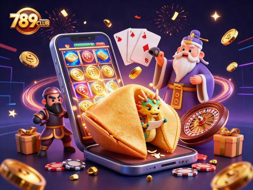 Play exciting games at 789CLUB featuring golden fortune cookie and vibrant slot action