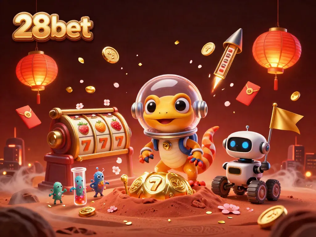 Join the Martian gecko in a golden casino adventure at 28bet, filled with slot reels and festive symbols.