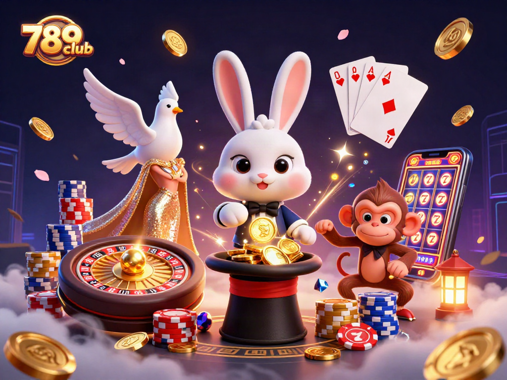 Experience thrilling wins at 789club with a 3D casino scene featuring a magician, assistant, and playful monkey.