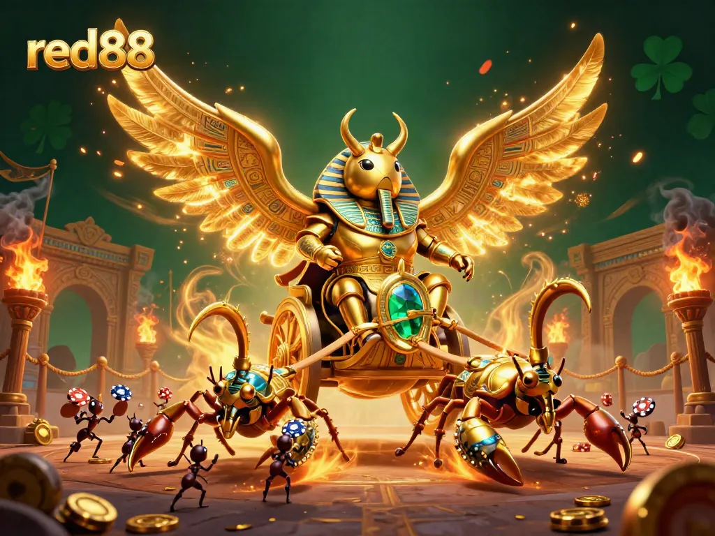 Experience the excitement at red88, immersing in a dynamic casino scene with golden heroes and vibrant action.