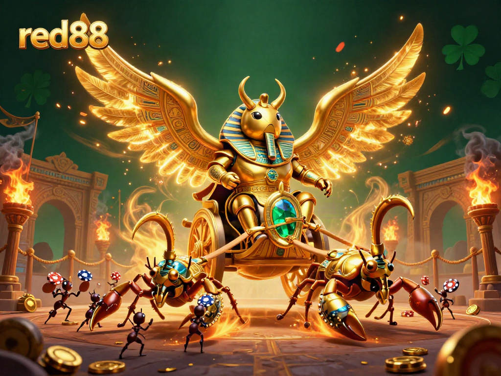 Experience the excitement at red88, immersing in a dynamic casino scene with golden heroes and vibrant action.