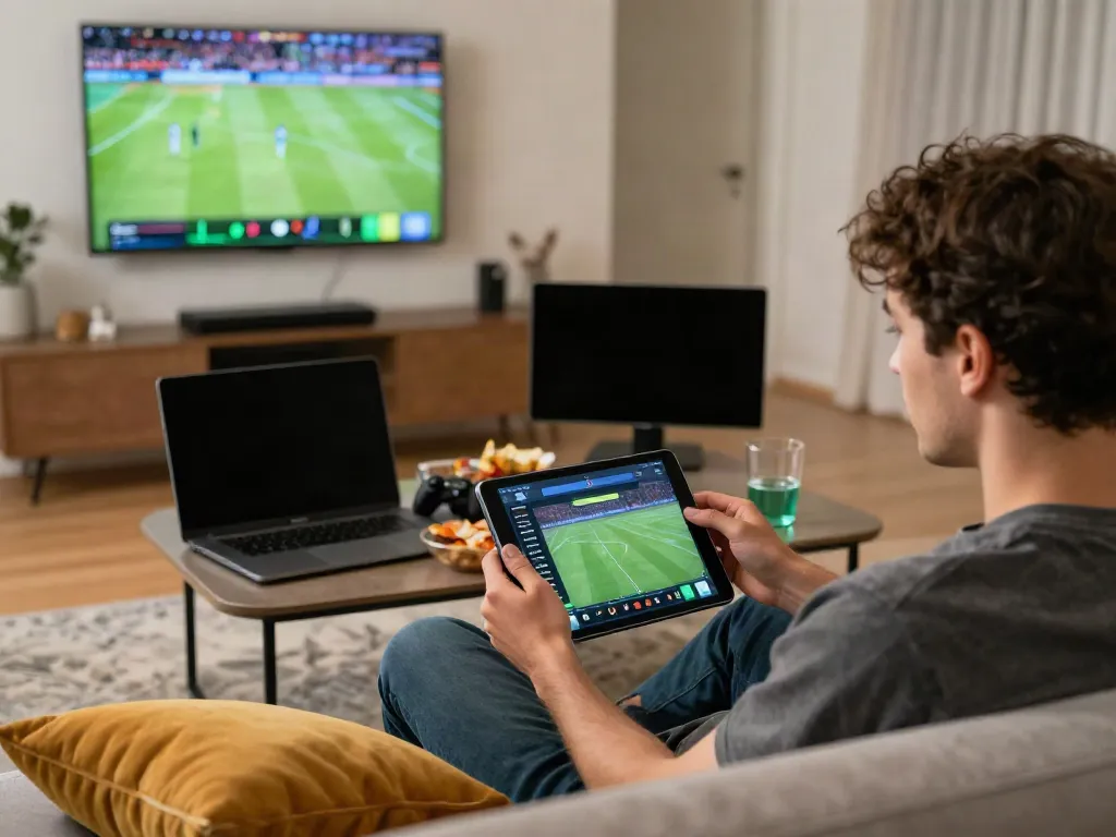 Engaging with https://five888vin.com/ online sports betting on tablet in a cozy living room setting.