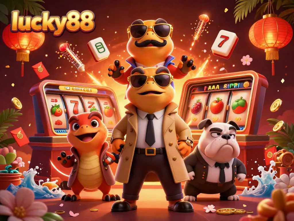 Join the excitement at lucky88 as cartoon raptors enter a VIP casino lounge surrounded by vibrant game elements.