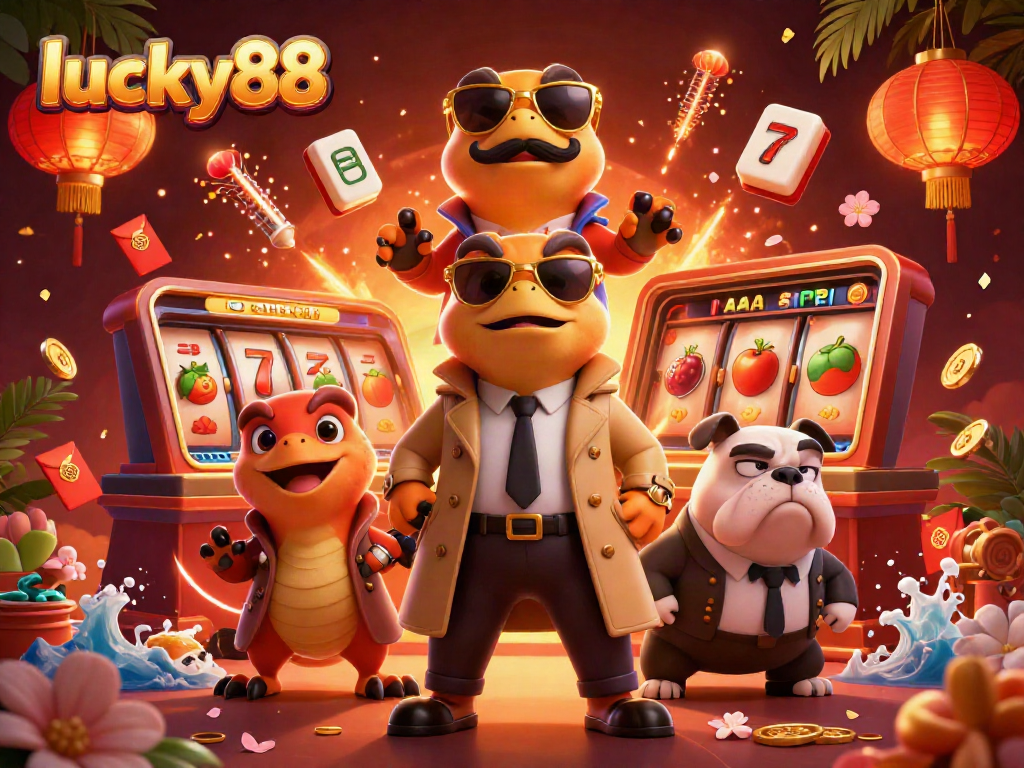 Join the excitement at lucky88 as cartoon raptors enter a VIP casino lounge surrounded by vibrant game elements.