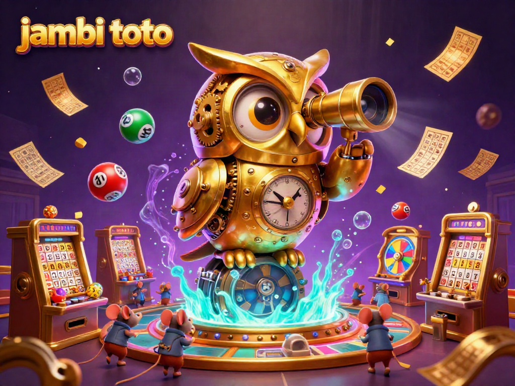 Engage with jambi toto in a vibrant casino scene featuring a grand golden owl and dynamic lottery elements.