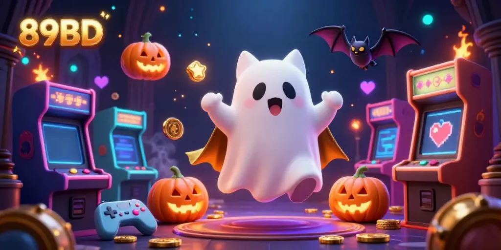 Experience the thrilling casino spirit with 89BD featuring a ghost cat and arcade elements.