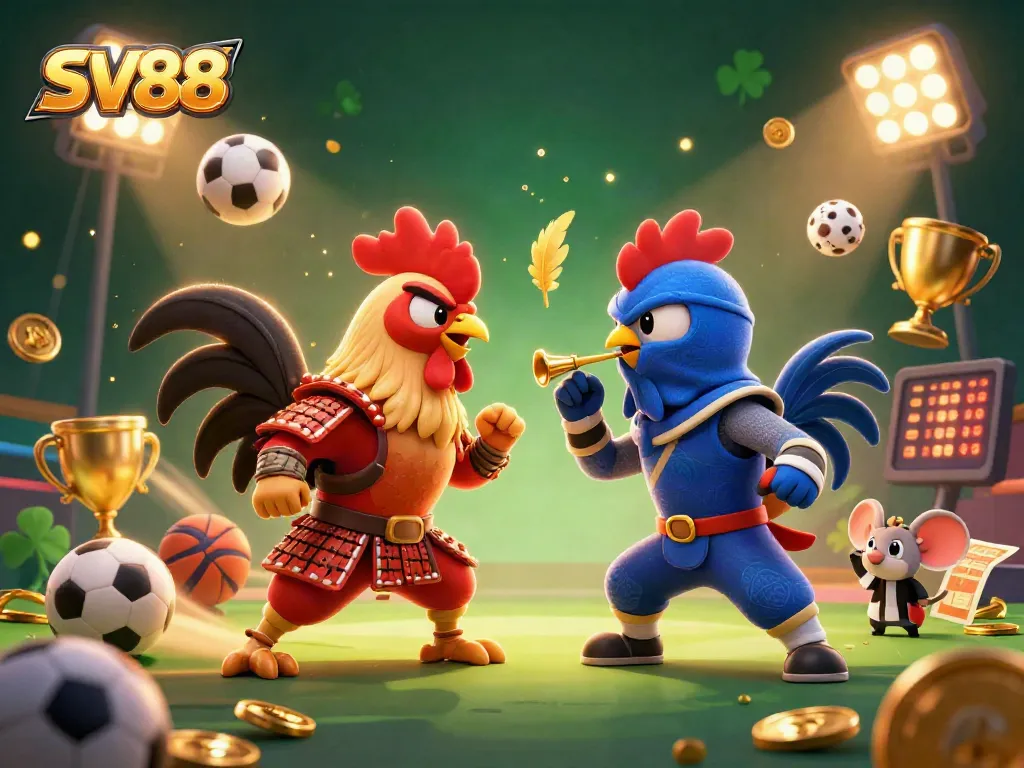 Engage in thrilling battles at SV88 with cartoon fighting roosters amid vibrant casino elements.