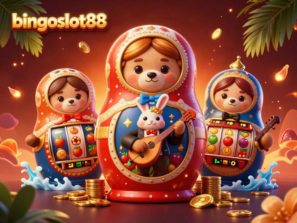 Permainan menarik di bingoslot88 dengan karakter gembira dan mesin slot yang berkilau.