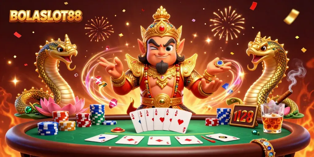 BOLASLOT88 showcases an immersive gaming atmosphere with vibrant characters, poker elements, and festive effects.
