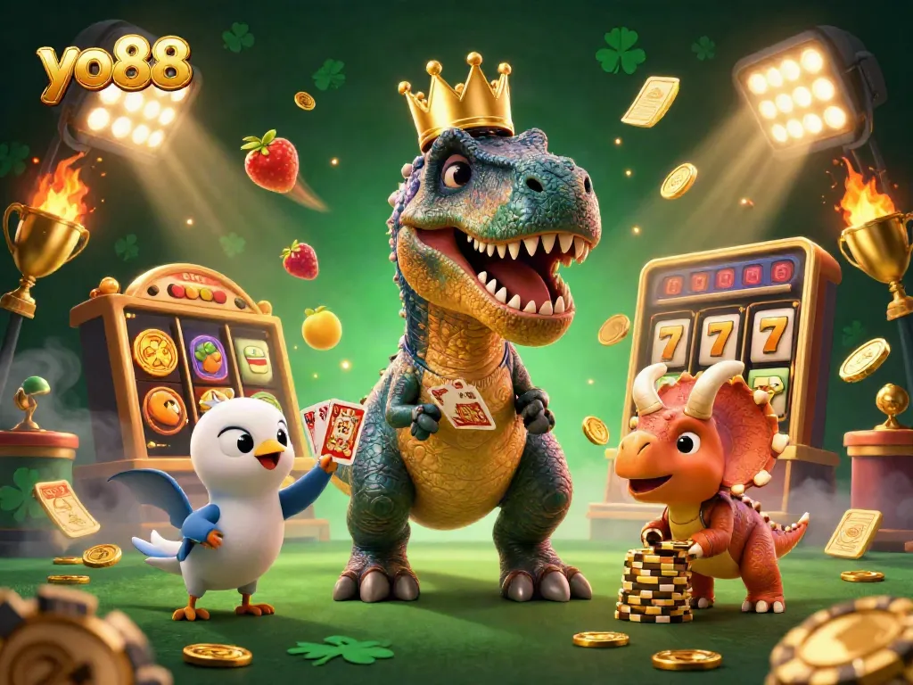 yo88 T-Rex shuffling cards while a pterodactyl assists and a triceratops stacks chips, showcasing exciting gaming action