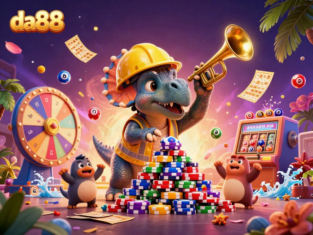 Experience the excitement of da88 casino with cheerful dinosaurs celebrating amidst colorful poker chips and lottery elements.