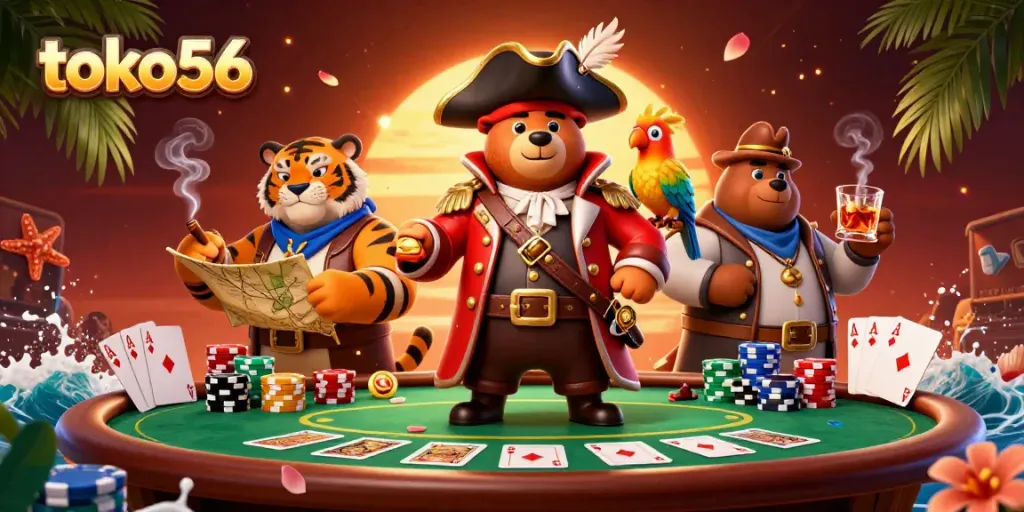 Engage in thrilling gameplay with toko56, where the pirate bear and his companions dominate the poker table.