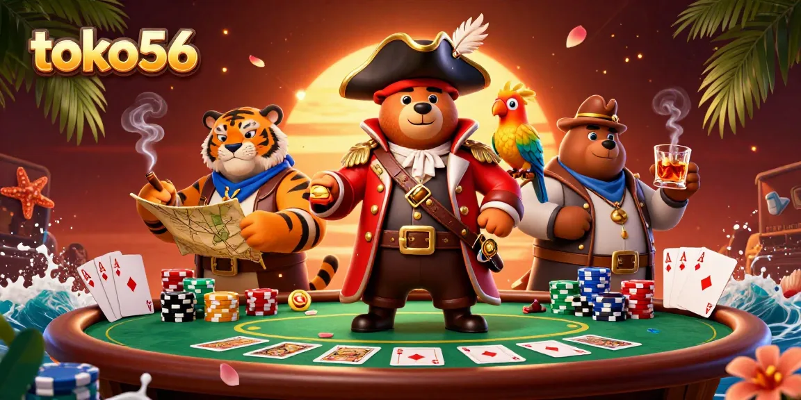 Engage in thrilling gameplay with toko56, where the pirate bear and his companions dominate the poker table.