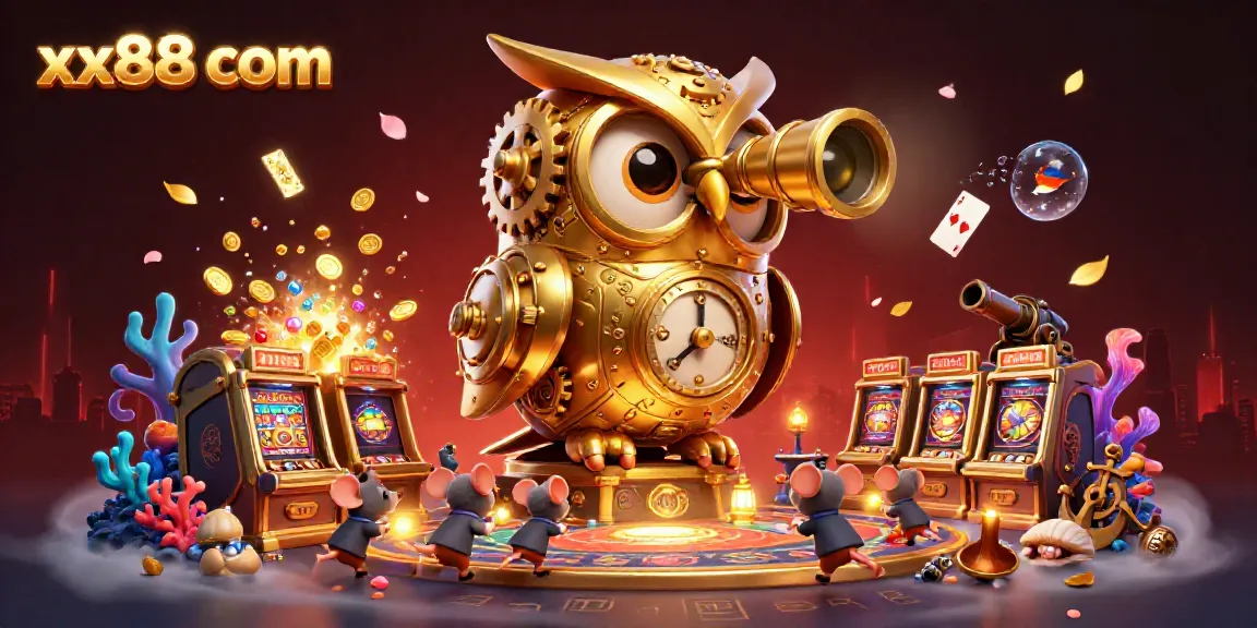 Experience the charm of xx88 com with a dynamic illustration of a golden owl and whimsical mice in a lively casino.