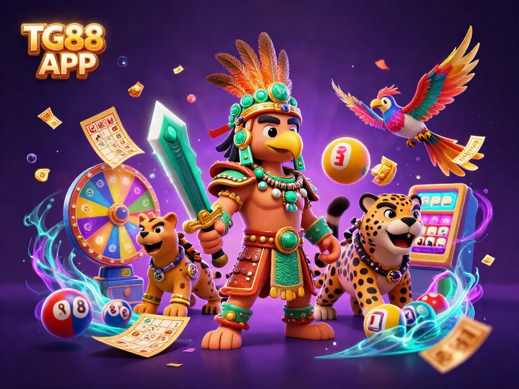 Engage in the thrills of TG88 APP with a dynamic scene of Aztec warriors surrounded by gambling elements.
