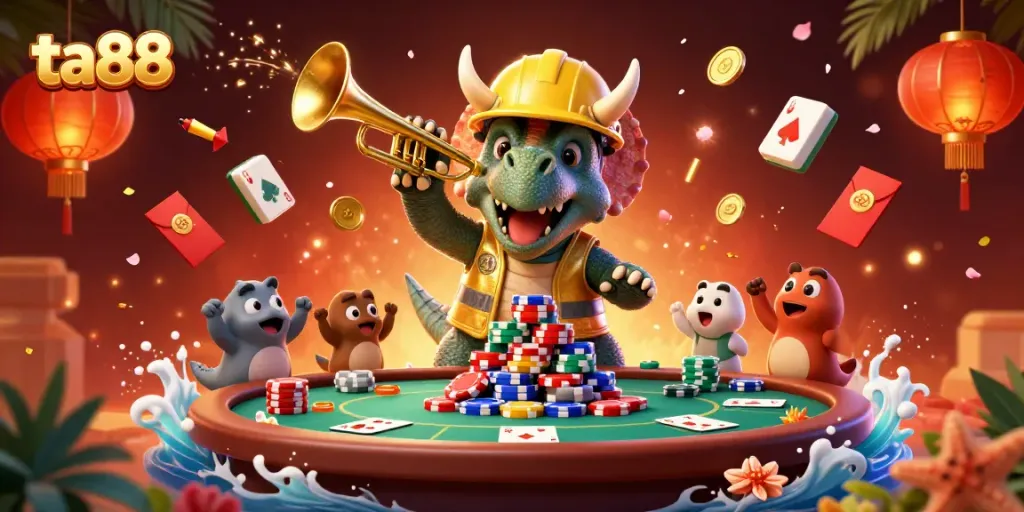 Experience the thrill of ta88 with a 3D animated casino scene featuring playful dinosaurs and poker elements.