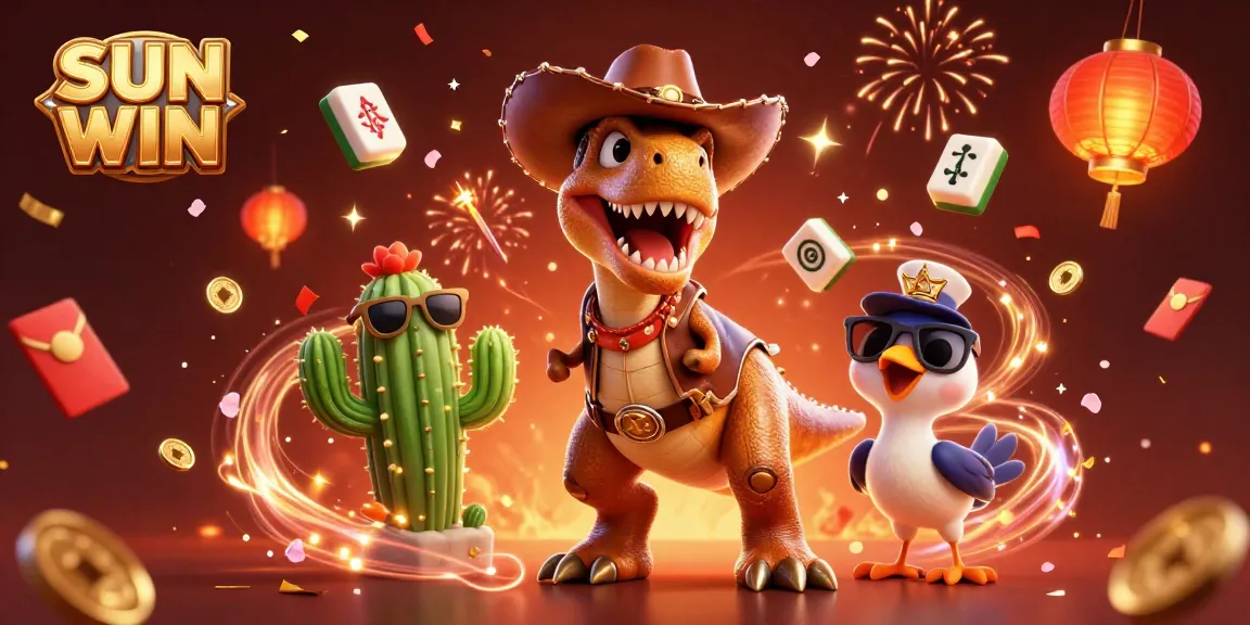 Experience the thrills of SUN WIN with a vibrant 3D illustration of a cowboy dinosaur and casino elements.