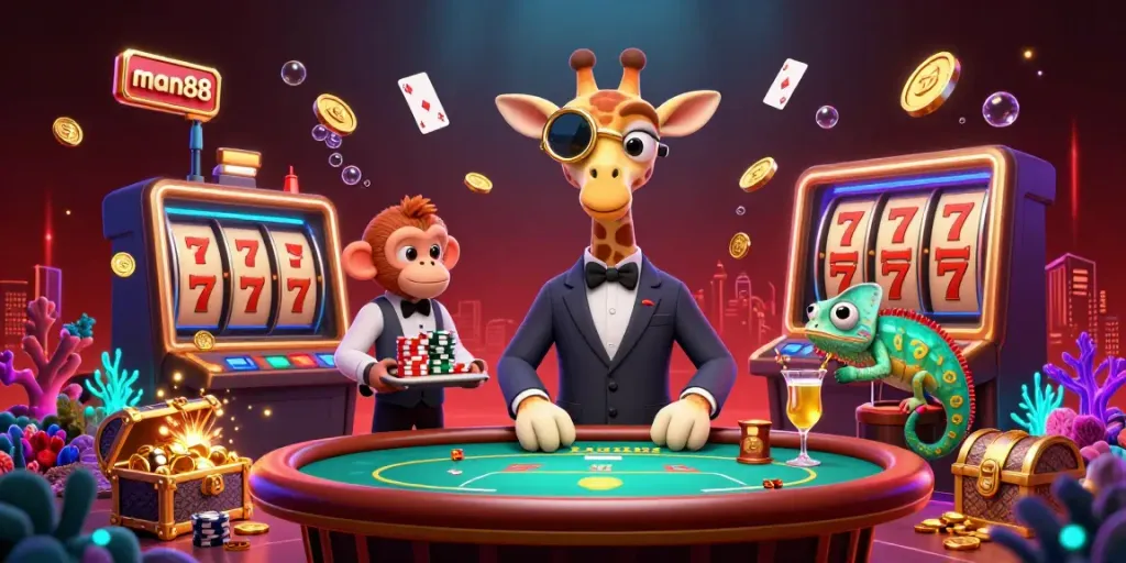 Experience exquisite gambling action with the man88 themed illustration, featuring dynamic casino elements.