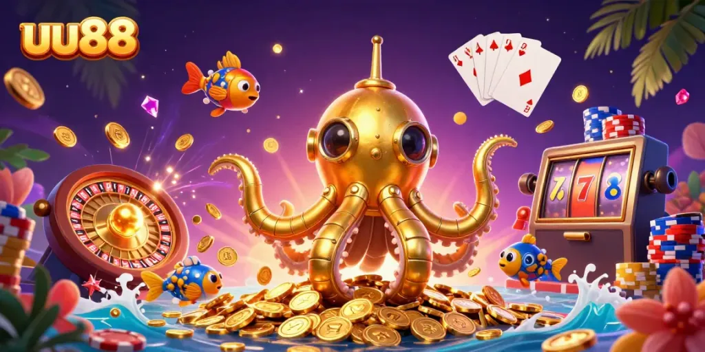 Experience exhilarating gambling moments at uu88 with golden kraken submarine and treasure-filled casino scene.