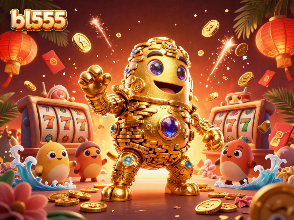 Experience thrilling gaming opportunities at bl555 with a vibrant 3D casino illustration featuring a golden coin golem and jackpot elements.
