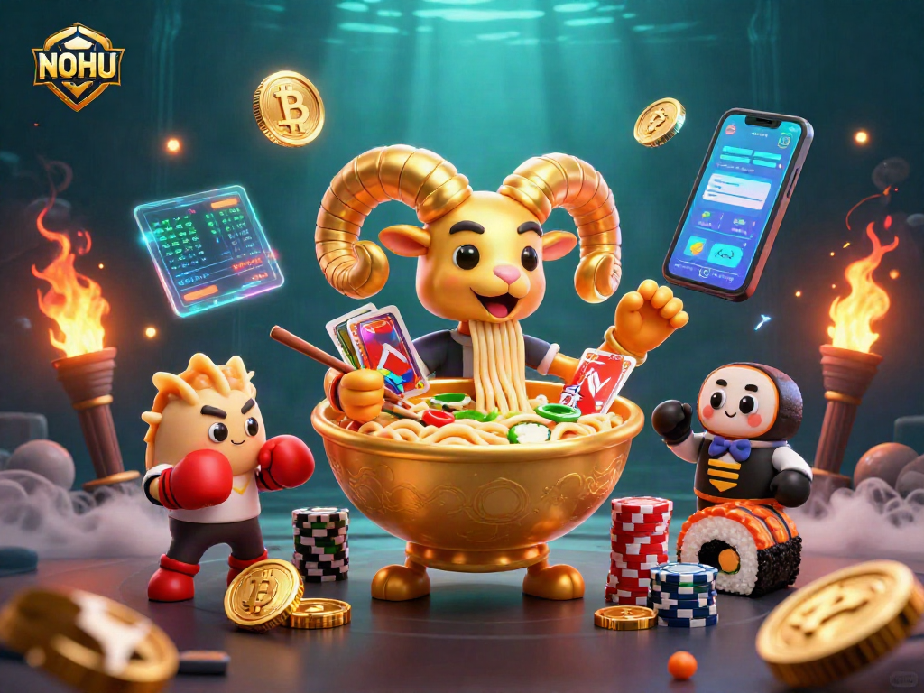Engage with exciting NOHU casino action featuring vibrant characters and glowing crypto elements.