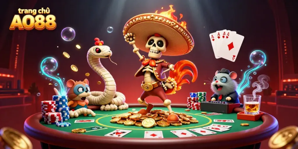 Experience the vibrant energy of trang chủ AO88 with a lively 3D casino scene featuring a skeleton mariachi rooster and engaging gaming elements.