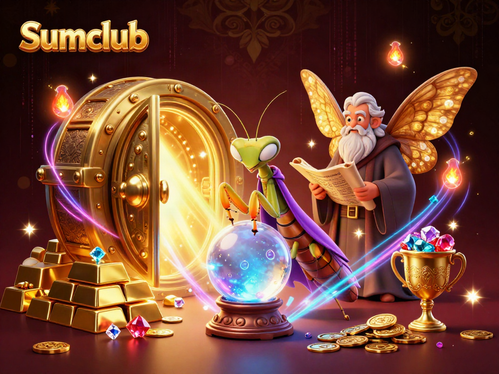 An engaging 3D illustration of Sumclub featuring a fortune teller and moth librarian amidst piles of treasure, symbolizing casino success.