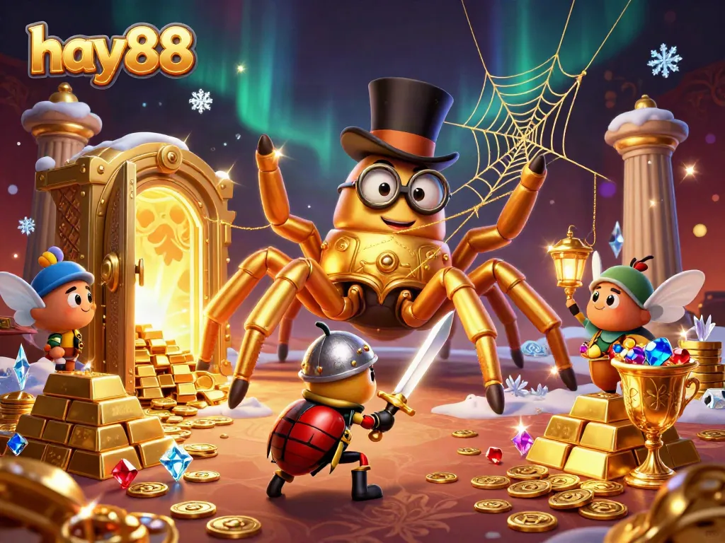 Experience the excitement of HAY88 with this vibrant, dynamic casino-themed scene featuring a golden tarantula and beetle knight.