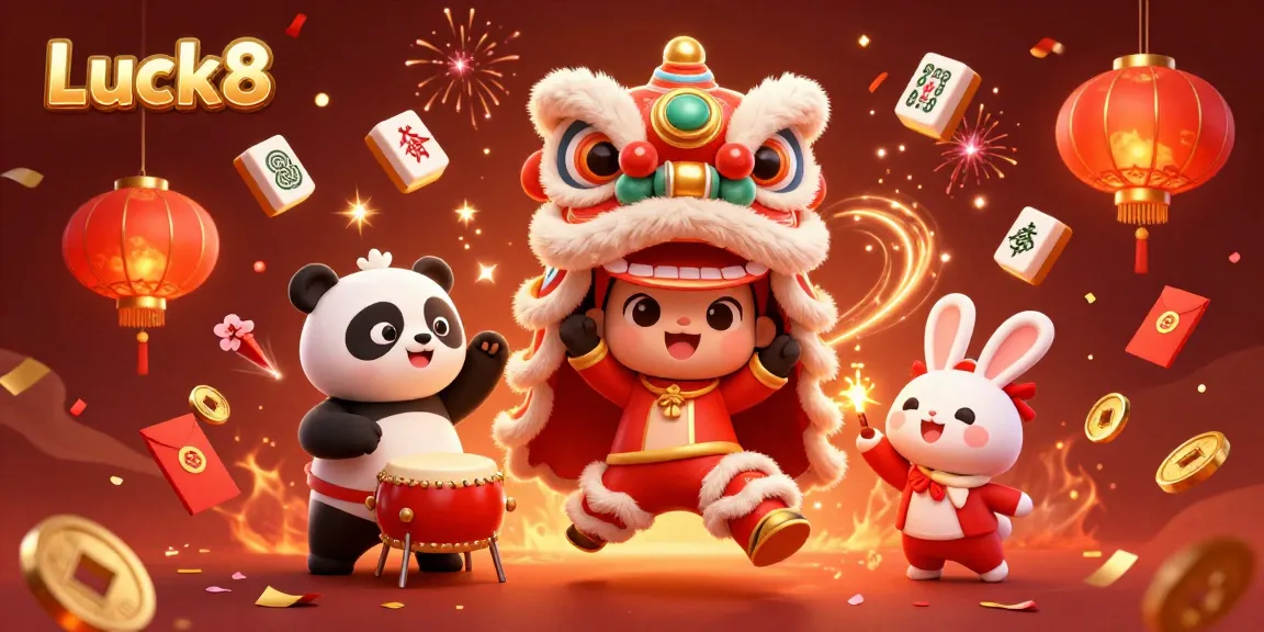 Luck8 lion dance celebration featuring animated characters surrounded by casino elements like colorful coins and mahjong tiles.