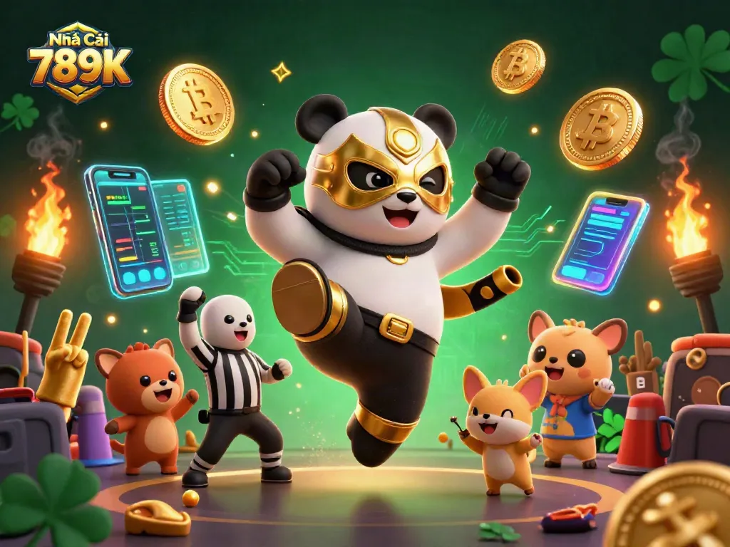 Experience excitement at Nhà Cái 789K with a vibrant, dynamic casino scene featuring animated characters and crypto elements.