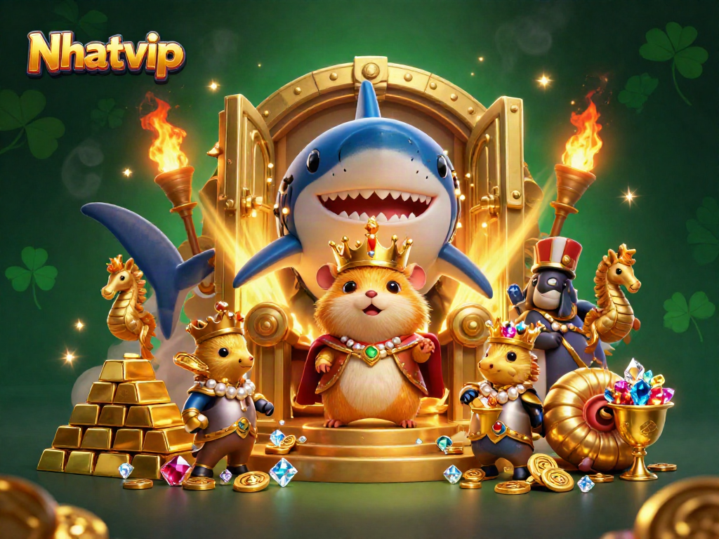 Nhatvip features a fierce golden hamster king surrounded by treasure and royal guards in a vibrant casino scene.