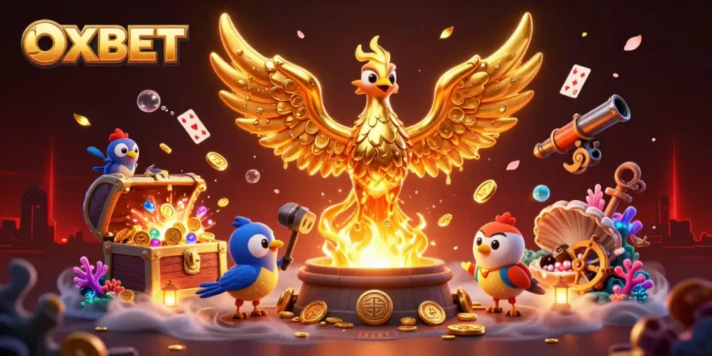 Experience winning moments with OXBET's vibrant 3D gaming scene featuring a molten golden phoenix.