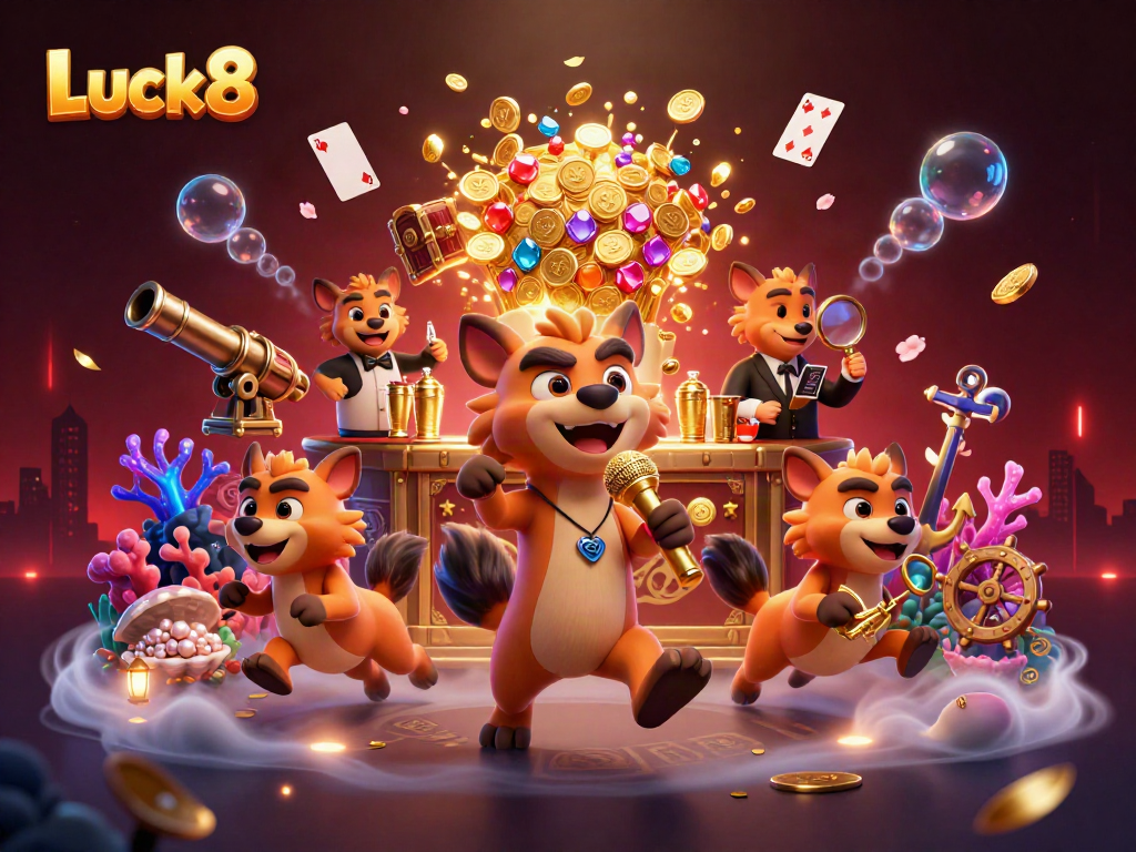Luck8 hyenas create a comedic casino scene with vibrant gold coins and dynamic game elements.