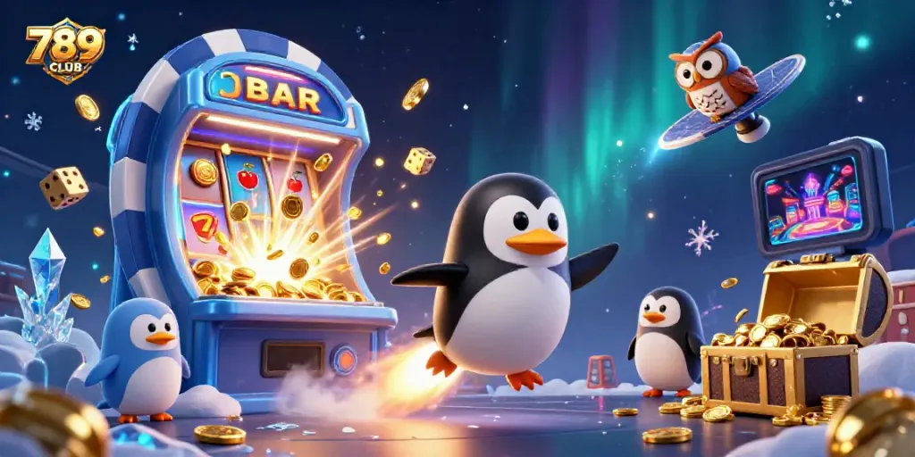Experience the excitement of 789CLUB with a golden penguin soaring through a colorful casino universe.