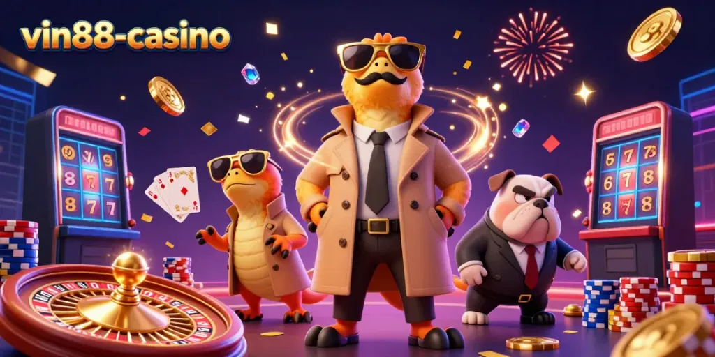Experience thrilling gaming at vin88-casino with 3D raptors entering a VIP lounge, surrounded by exciting casino elements.