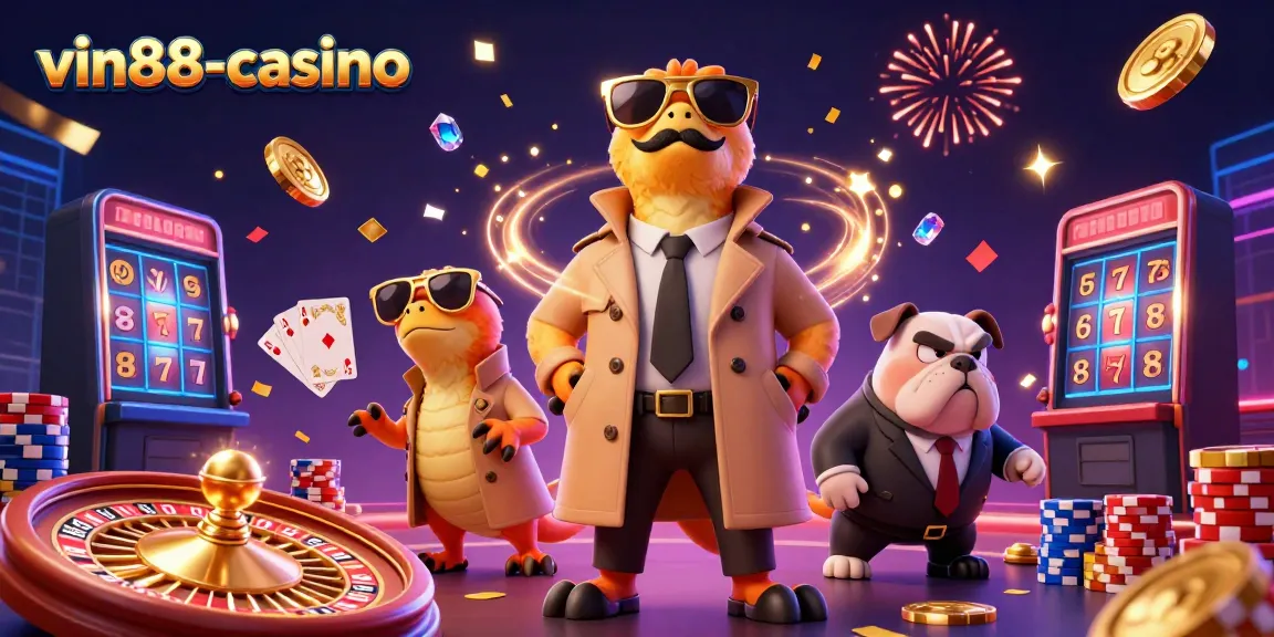 Experience thrilling gaming at vin88-casino with 3D raptors entering a VIP lounge, surrounded by exciting casino elements.