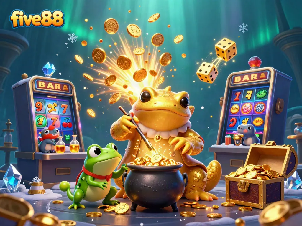 Experience the magic of five88 with a vibrant scene of an alchemist and assistants creating gold in a casino setting.