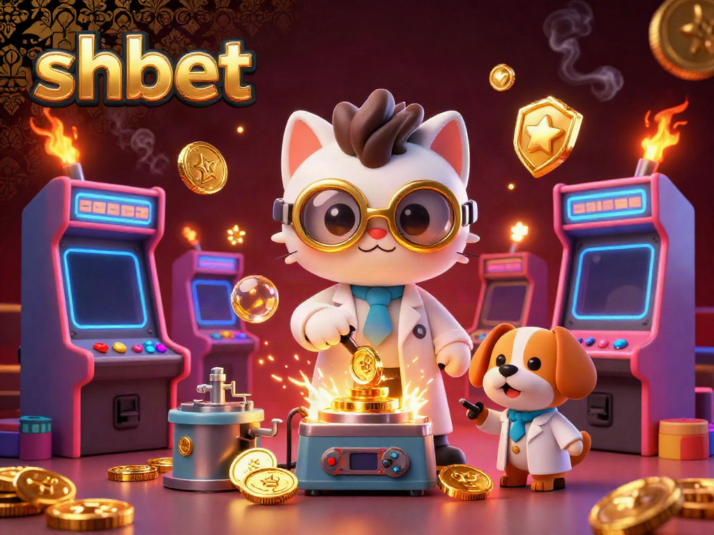 Engage in exciting gaming with shbet, showcasing a mad scientist and assistant in a vibrant casino-themed lab.