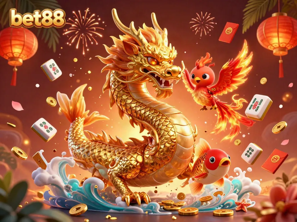 Experience thrilling gameplay with bet88, featuring a golden dragon, phoenix, and floating game elements.