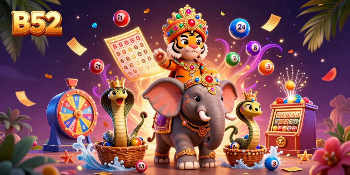 Experience the vibrant world of B52 gaming with a 3D illustration showcasing an elaborate Indian maharaja, jewel-encrusted elephant, and lottery action.