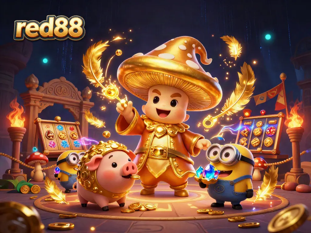 Play exciting slot games with red88, featuring magical characters, gold treasures, and casino excitement.